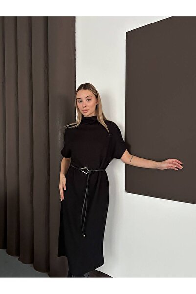 ZF BUTİK Women's Belt Detailed Corded Fabric Midi Dress