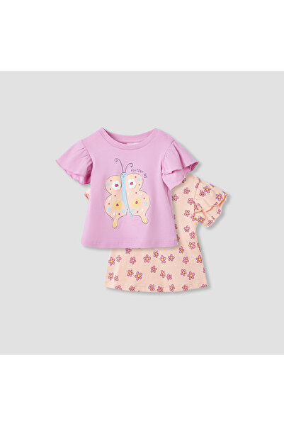 Juniors بلوزة مطبوعة بأكمام مكشكشة - مجموعة من 2 قطع