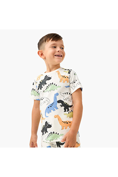 Juniors تي شيرت بأكمام قصيرة مطبوع بنقشة ديناصورات على كامل السطح