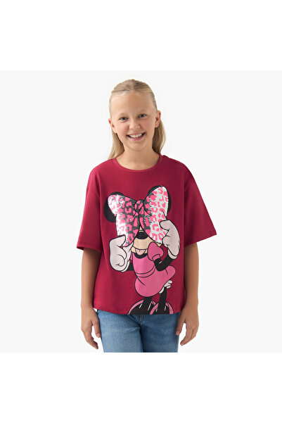 Disney تي شيرت بناتي بياقة مستديرة وتفاصيل من الترتر ميني ماوس - أكمام قصيرة