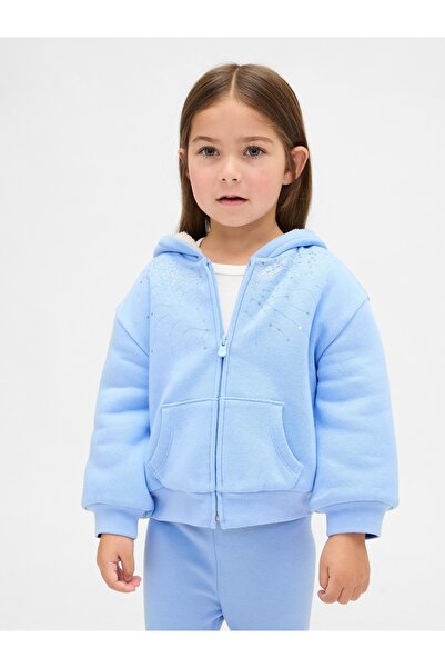 GAP Kız Bebek Açık Mavi Sherpa Astarlı Payetli Fermuarlı Sweatshirt