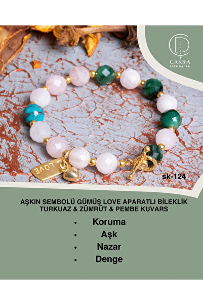 ÇAKRA DOĞAL TAŞ Aşkın Sembolü Gümüş Love Aparatlı Bileklik Turkuaz & Zümrüt &...