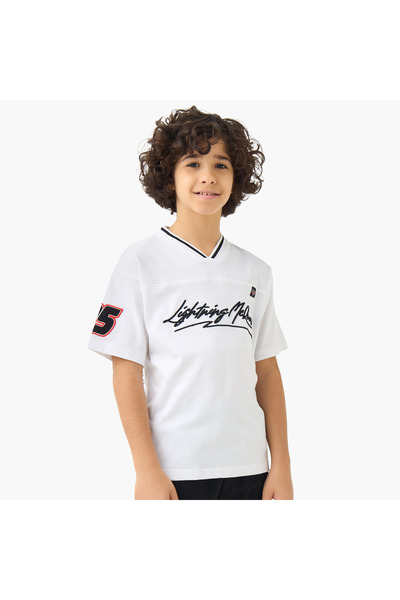 Disney Boys V-neck T-shirt with Cars Embroidery - Cotton - Short Sleeves