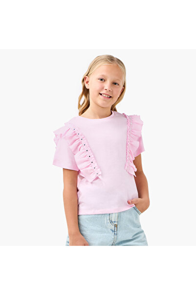 Juniors Solid T-shirt with Side Tulle Detail