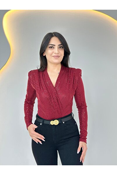 Aysel Boutiquee Lune Bordo Kruvaze Yaka Vatkalı Payetli Bodysuit A555