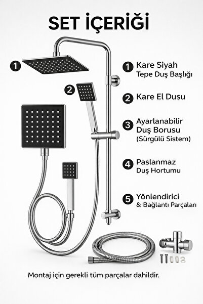 Janissary Kare Siyah Tepe Duş Sistemi Seti | El Duşu + Ayarlanabilir Sürgülü ...