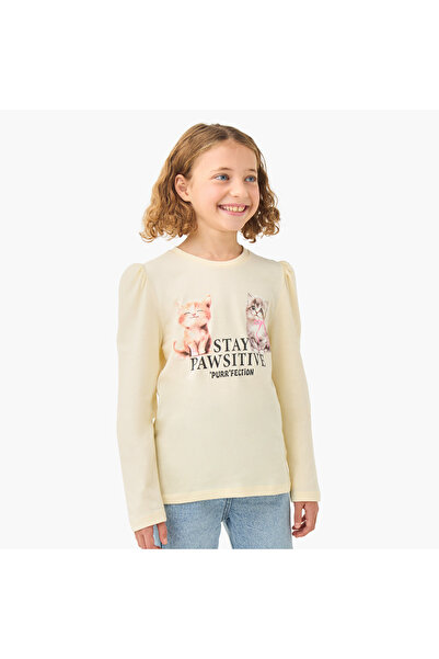 Juniors بلوزة بناتية برقبة دائرية وطبعة قطة - قطن - أكمام طويلة