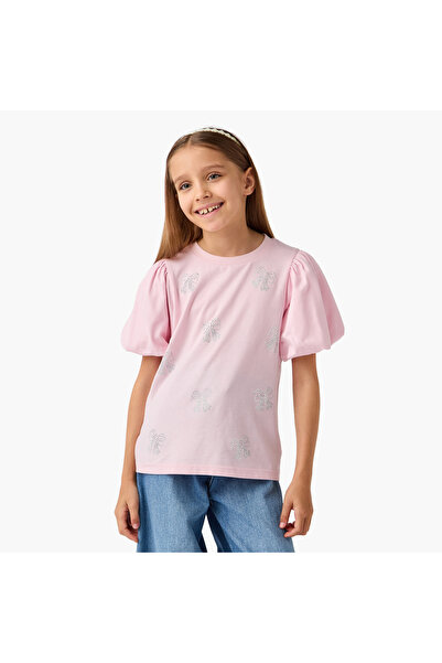 Juniors Embellished Top with Short Puff Sleeves