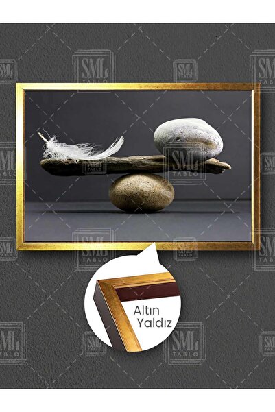 SML TABLO Taş Ve Kuş Tüyü Denge Meditasyon Balans Çerçeveli Yatay Kanvas Tablo