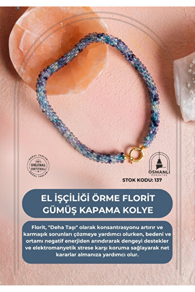 OSMANLI DOĞAL TAŞ Certified Handcrafted Knitted Fluorite Silver Plated Necklace (Sk:137)