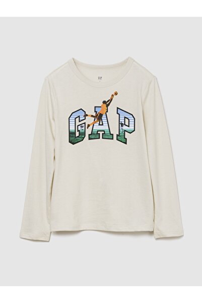 GAP Erkek Çocuk Kırık Beyaz Grafik Baskılı T-Shirt