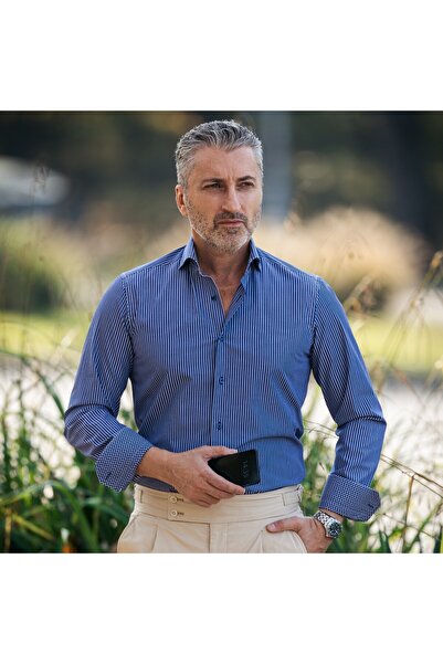 Merer Men's navy striped shirt with polka dot details Slim Fit