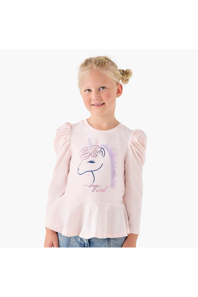Juniors تي شيرت بناتي برقبة دائرية وطبعة يونيكورن - قطن - أكمام طويلة