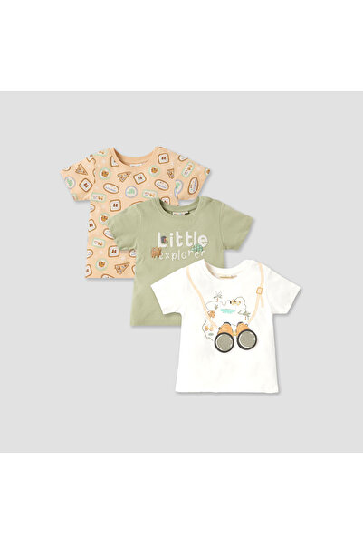 Juniors تيشيرت مطبوع برسومات، بأكمام قصيرة وإغلاق بأزرار - طقم من 3 قطع