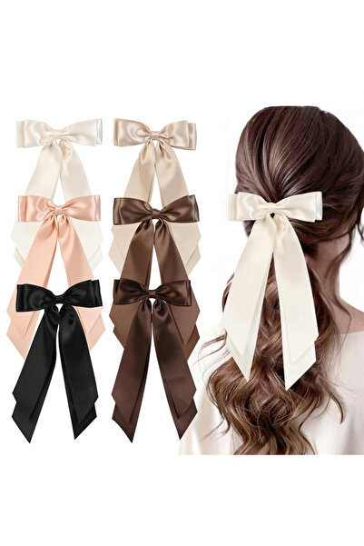 Arabest 6 PCS Satin Hair Bows, 6 Colors Ribbon Bows with Long Tail, Ribbon Hair Clip for Women Girls Toddler