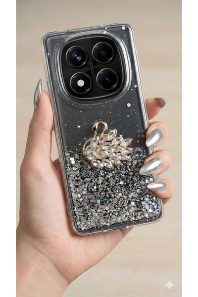 UnDePlus Xiaomi Redmi Note 14 Pro Plus Kılıf Taşlı Kuğu Kabartmalı Pırıltılı Parlak Silikon Kapak BS1