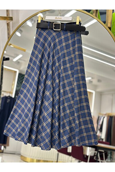 She Olive Fusta cu curea în lungime întreagă cu model în carouri / elegantă și confortabilă croială