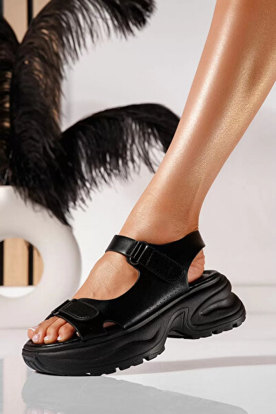 Zaira Sandale cu platforma dama negre din piele ecologica Cate #21461