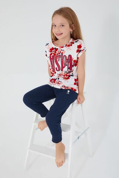 U.S. Polo Assn. Floral Print Krem Kız Çocuk Kısa Kol Pijama Takım