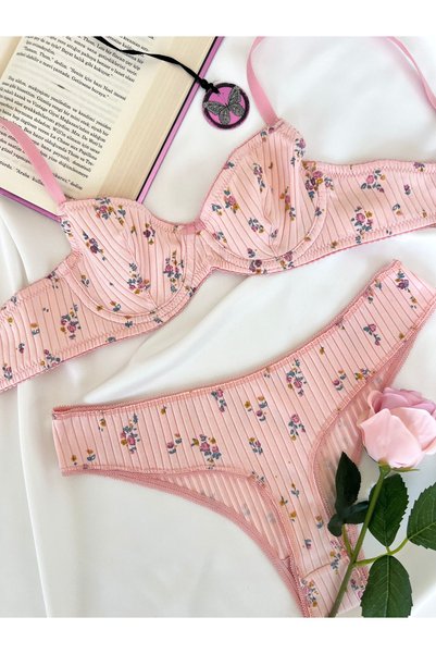 kiari Salmon Color Cotton Floral Pattern Daily Comfortable Underwire Cupless Bra Brazilian Panties Underwear Set