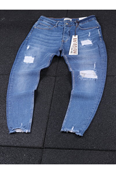 erkek mavi lazer detaylı denim pantolon