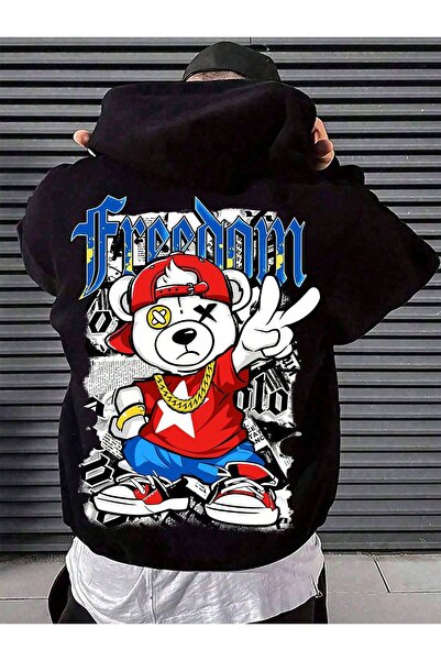 ZEMLİYA Black - Have a Good Mood Every Day Teddy Bear Printed Hoodie Zippered...