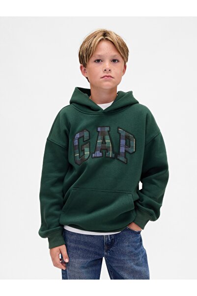 GAP Erkek Çocuk Yeşil VintageSoft Relaxed Ekose Logo Sweatshirt