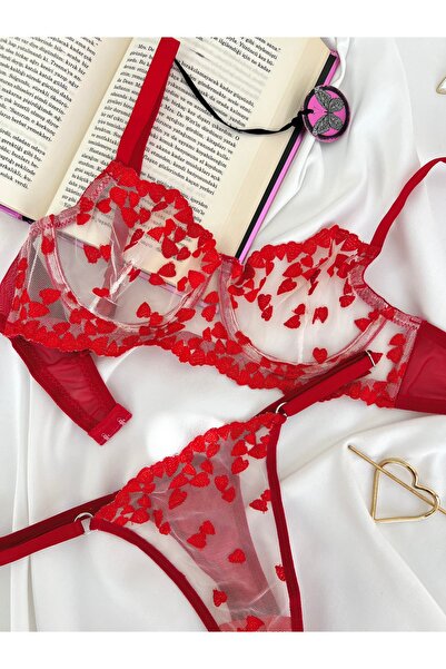 kiari New Year Special Red Heart Patterned Embroidered Wireless Bra Thong Lingerie Set
