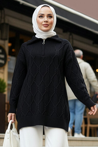 N.S NEVA STYLE Zipper Detailed Black Hijab Knitwear Sweater 8596S