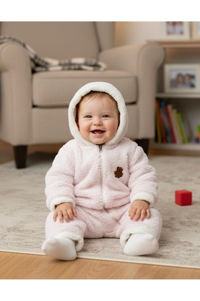 ELLO BABY Wellsoft Kışlık Peluş Kapüşonlu Bebek Tulumu (Pembe)