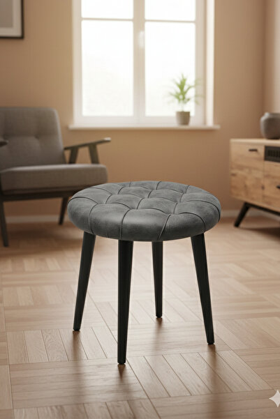 UMS MOBİLYA 40 cm Yuvarlak Tabure - Mutfak-Balkon Taburesi - Ahşap Siyah Ayaklı Tabure