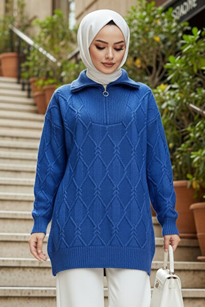 N.S NEVA STYLE سترة تريكو بتفاصيل سحاب باللون الأزرق النيلي 8596IM