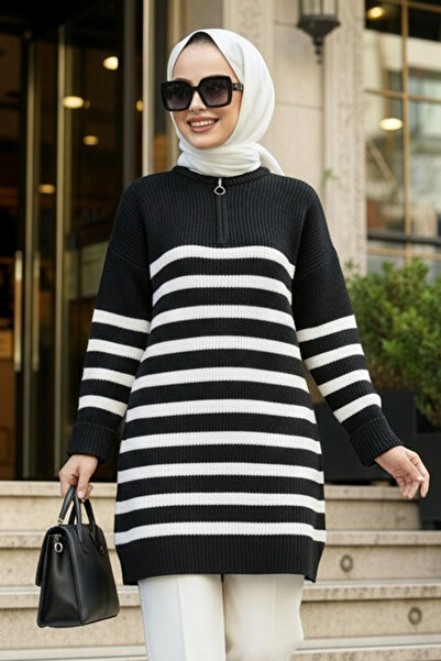 N.S NEVA STYLE Striped Black Hijab Knitwear Sweater 71821S