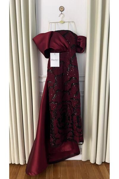 RWETA فستان سهرة عنابي بتطريز لامع وتصميم أوف شولدر