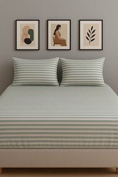 GOOD MORNİNG PAMUKKALE ملاءة سرير مخططة من القطن العضوي المصبوغ الطبيعي بمقاس...