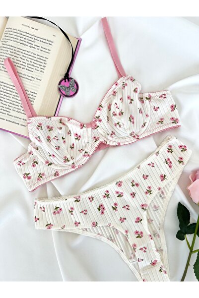 kiari Set de lenjerie ecru din bumbac cu model floral, confortabil de zi cu zi, fără sârmă, fără cupă, sutien brazilian, chiloți