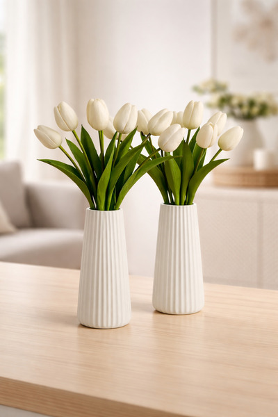 ODOS Home Decor 2’li Dekoratif Vazo Seti Modern Çizgili Tasarım Beyaz Salon &...