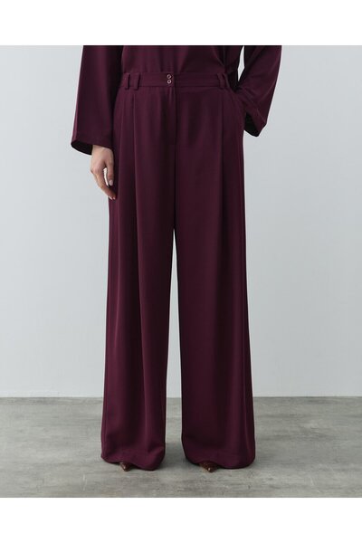 Aybikestil Krep Çift Pileli Palazzo Pantolon Mürdüm