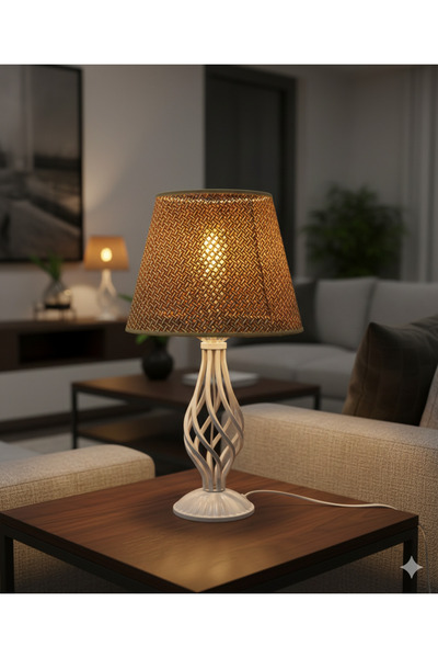 Decodelight مصباح طاولة أبيض بتصميم ريفي مع حجر ملتوي وأرجل معدنية وقماش هازي...