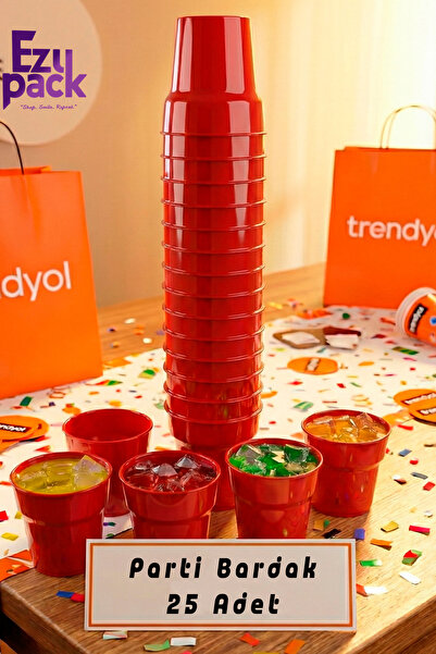 Ezupack 25'li 180cc Kırmızı Renk LÜX SERT PLASTİK Parti Bardak Doğum Günü Sunum Davet Nişan Söz Akrilik Mika