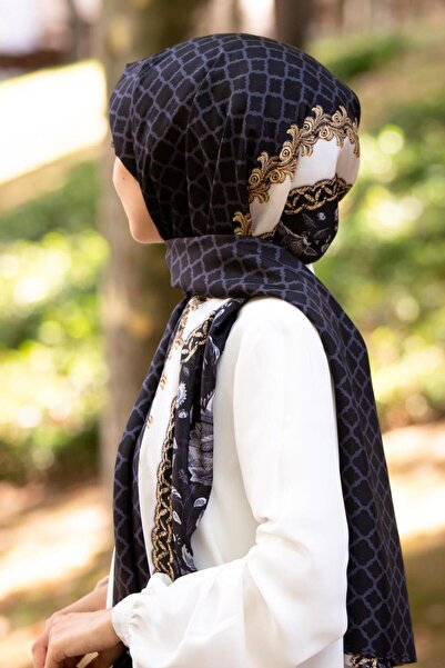 Vissona %100 İpek Yaprak Desenli Siyah - Gold Renkli 92x210 Şal