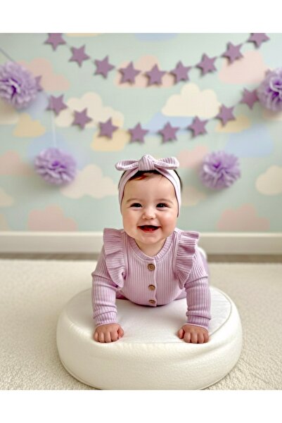 ELLO BABY Mor Fırfır Bandanalı 2’li Kız Bebek Tulum 3-6-9 Aylık