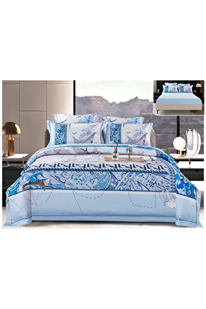 trendyhome Bed Linen, Satin Cotton, 6 Pieces, Whale, Blue, PT13715-Elastic