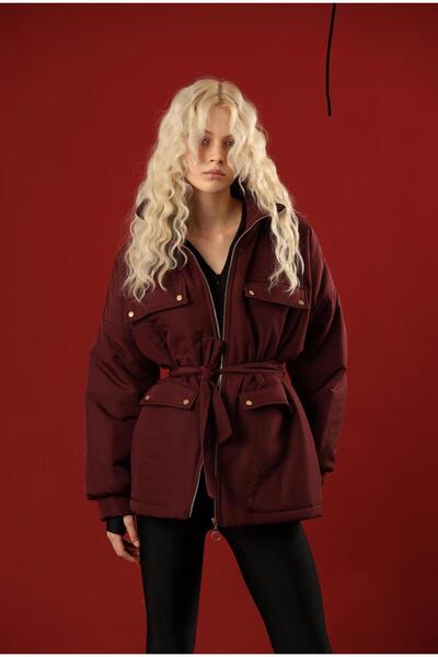 HOPEFUL DESİGN معطف للموسم الجديد بسحاب وحزام خصر مفصل باللون العنابي