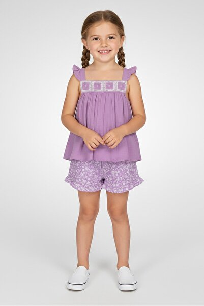 NANETTE LEPORE طقم بناتي مكون من قطعتين، بلوزة وشورت بطبعة زهور، لون لافندر