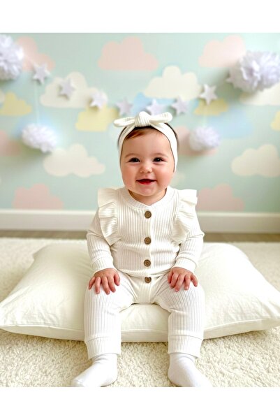 ELLO BABY Beyaz Bandanalı Fırfırlı 2’li Kız Bebek Tulum Seti 3-6-9 Aylık