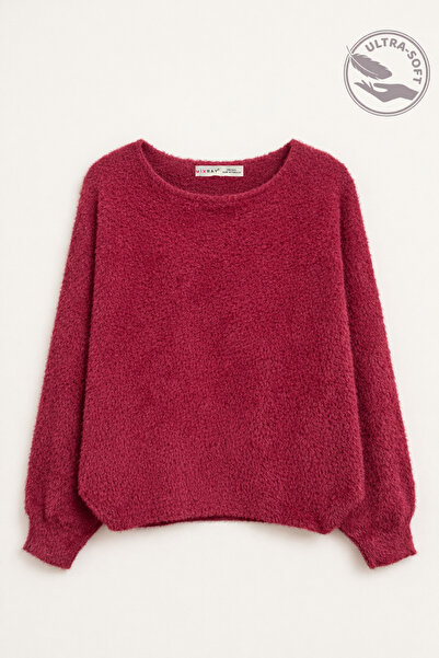 Mixray 7010 Women's Boat Neck Soft Textured Knit Sweater Burgundy