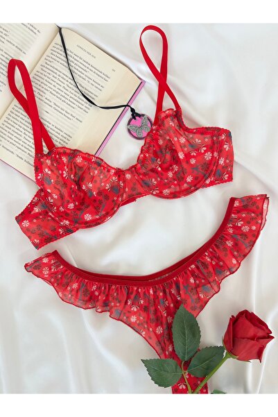 kiari New Year's Red Tulle Floral Pattern Underwire Cupless Bra Butterfly Thong Ruffled Lingerie Set
