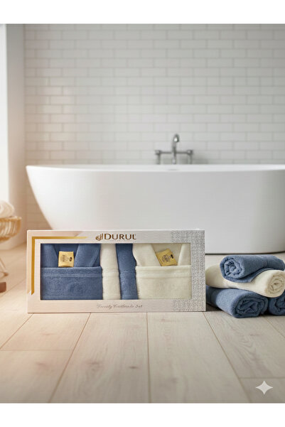 Durul Lüks Pamuklu Aile Bornoz Seti Çeyizlik Banyo İçin Sabunlu Bornoz Havlu Seti 8 Parça