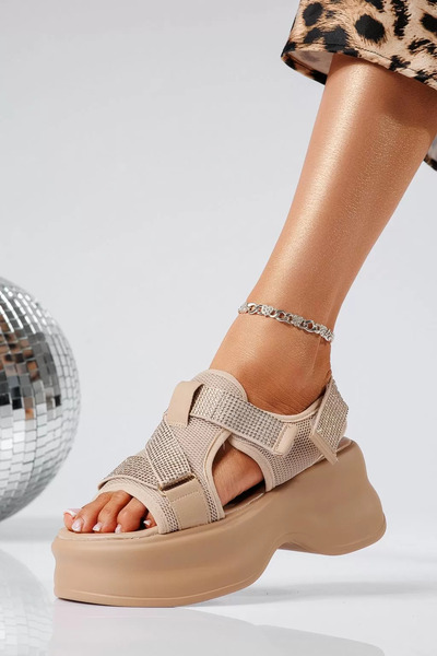 Zaira Sandale cu platforma dama khaki din material textil Edena #22079